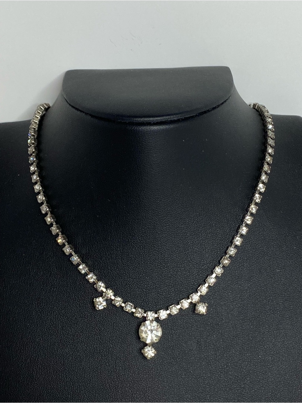 Vintage Rhinestone Necklace Dangle Drop Clear Crystal Choker Silver Tone 1960’s